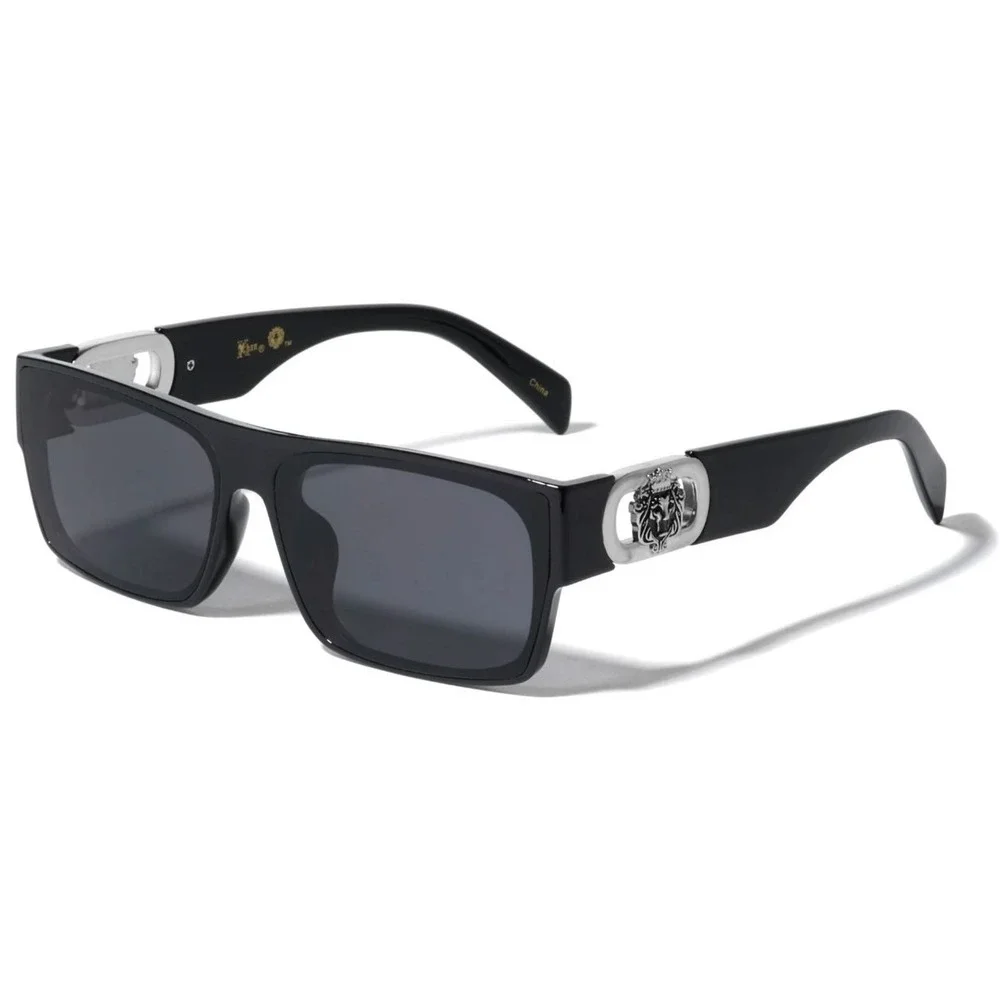 Mens Black Rectangular Sunglasses Silver Lion Head Medallion Flat Top Shades NEW